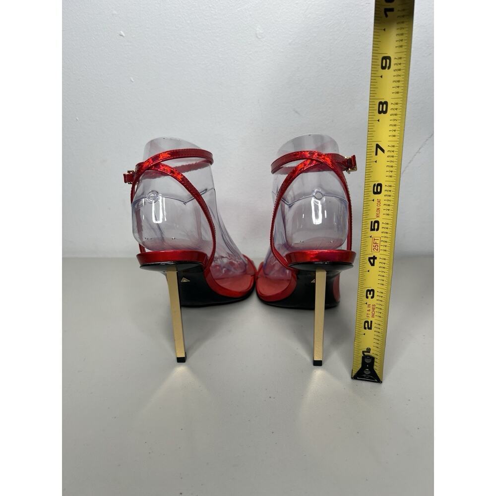 Schutz Red Sam Square Toe Ankle Strap Sandal Gold Toned Heel Square Toe Size 7 - Picture 7 of 9